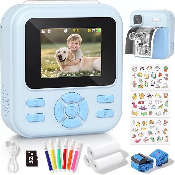 YOHOOLYO Kids Camera Instant Print, 1080P HD Digital Video for Girls & Boys | Toddler Toys for Children Age 3-12. Instant Camera with 32GB Card, 2.4" Screen, 16x Zoom, 3 Rolls Print Paper (Bule)