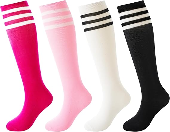 BISOUSOX Soccer Socks Kids Youth Girls Socks 6-8 Years Old Knee High Socks 10 12 Uniform Long Cotton Boys Athletic Stripe