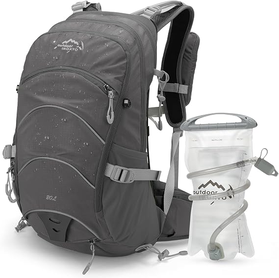 IX INOXTO 20L Hydration Backpack, Waterproof Hiking Internal Frame Backpacks with 2L Hydration Water Bladder and Rain Cover for Men, Lightweight Travel Daypack for Cycling,Camping,Ski (grey)