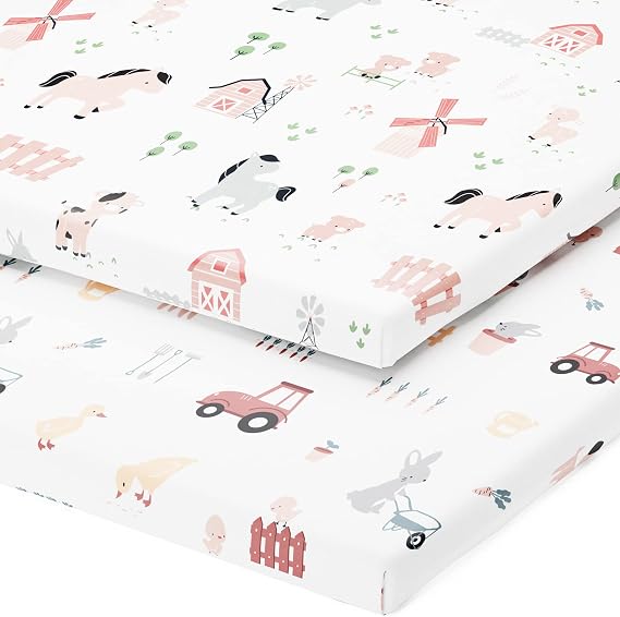 Joey + Joan Pack and Play Sheets Fitted Compatible with 4moms Breeze Plus Playard and Other Large Playpen Mattress Buttery Soft 100% Cotton Farm Animals 2 Pack