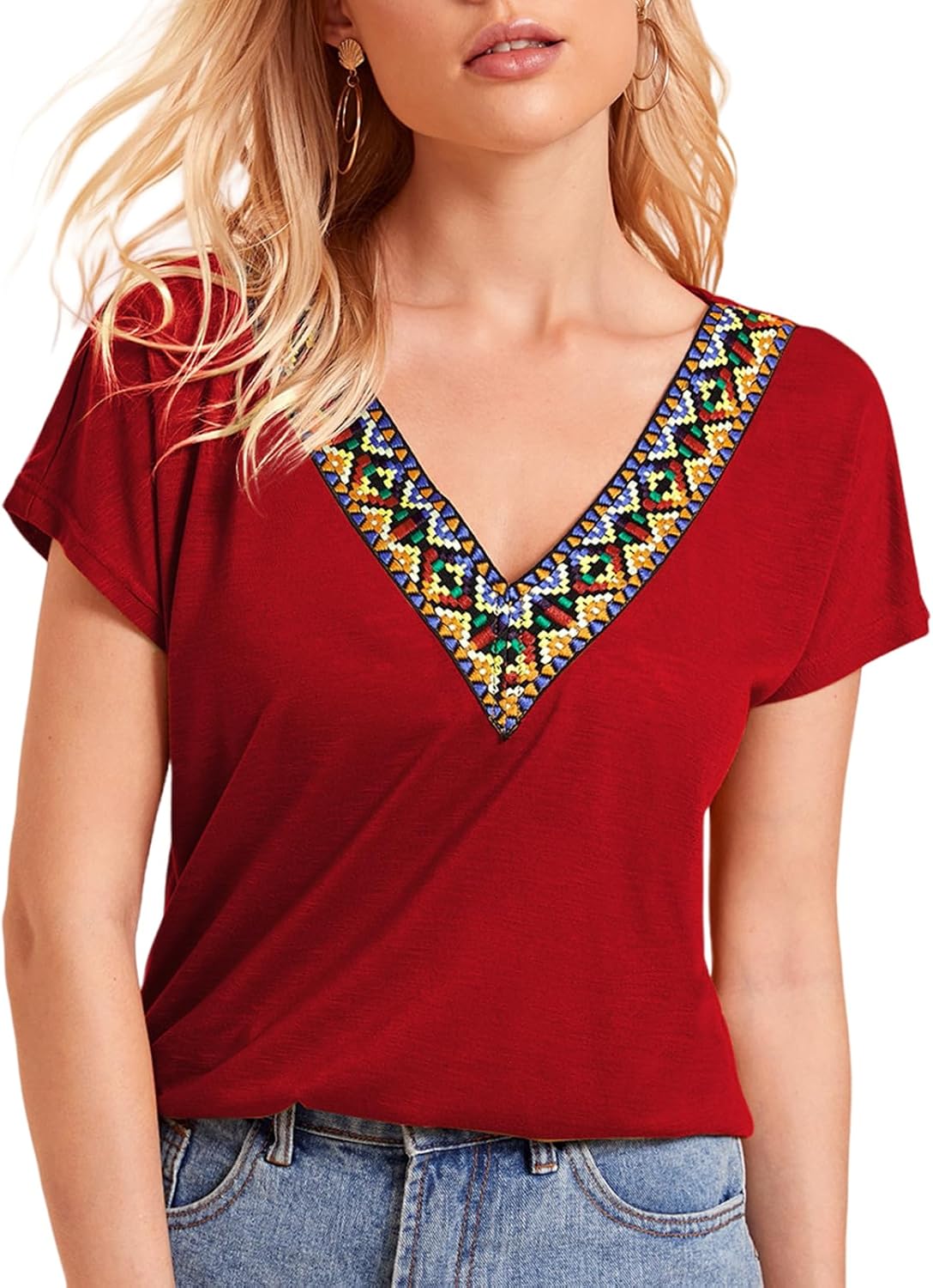 Selene Women Short Sleeve V Neck Tops with Color Blocked Collar Summer Casual Outfits Basic T Shirts Blouse