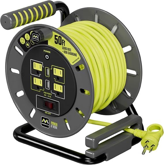 Masterplug 50ft Cord Reel, Retractable Extension Lead with Winding Handle, Safety Overload Circuit Breaker and Power Switch, 4X Grounded Outlets, 2X USB Ports, 13amps, 14AWG Cable