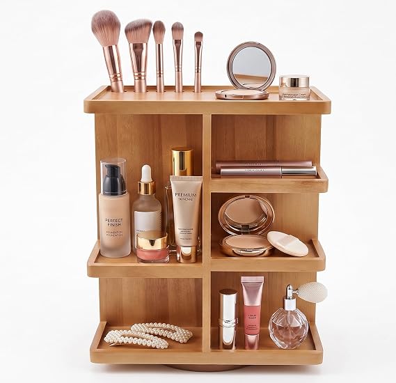 Rotating Cosmetic Modular Organizer, Multi-Function Storage, 360 degree Carousel for Makeup, Toiletries, Vanity, Desk, Countertop, Bedroom, Closet, Solid Natural Wood with Acacia Brown