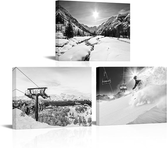 KLVOS 3 Piece Ski Canvas Wall Art Black and White Ski Lift Picture Snowy Winter Mountain Nature Photograph Print Ski Lover Gift Home Bedroom Living Room Decoration Ready to Hang