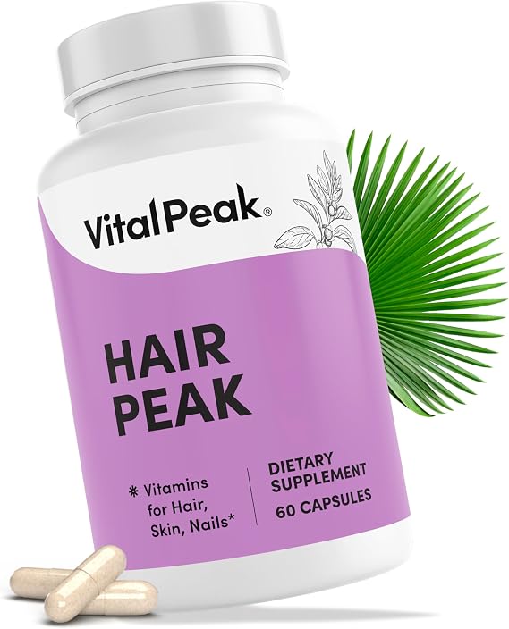 Vital Peak Hair Peak | Hair Growth Supplement | Hair Vitamins | Support Healthy Hair, Biotin, Collagen, Saw Palmetto Extract, Keratin, Iron, Iodide, Zinc. 30 Days Supply. 60 Capsules