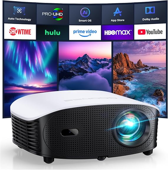 GooDee AI Smart Mini Projector with WiFi & Bluetooth, Auto Focus & Keystone