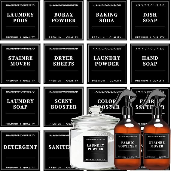18Pcs Laundry Room Labels Waterproof Minimalist Black Home Organization Stickers for Bottles Jars Containers Laundry Storage Labels for Detergent Soap Cleaning Supplies