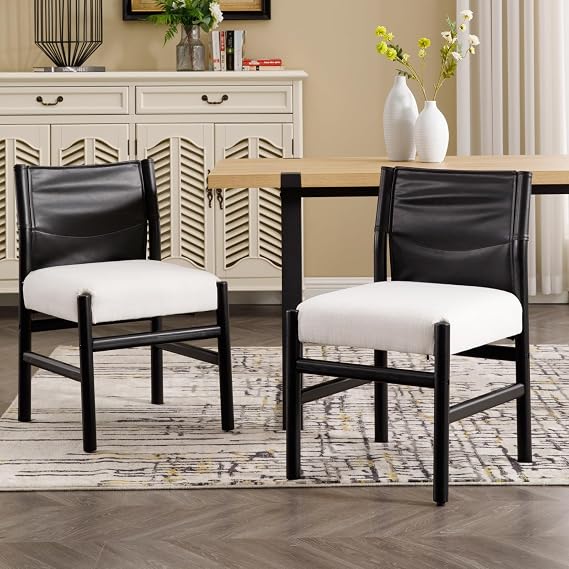 CIMOTA Boho Dining Chairs Set of 2, Modern Armless Linen Side Chairs with Black Leather Sling Back, Solid Wood Frame, White Fabric for Kitchen, Dining or Living Room
