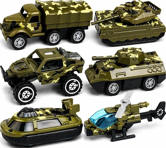 Military Vehicle Toys for Boys Pretend Play Army Warrior Convoy Playset (Includes Army Truck, Boat, Helicopter, 2 Tanks, Jeep) - Great Gift Toy for Boys, Diecast Material