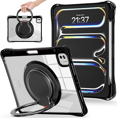 Miimall Transparent Case for iPad Pro 11 Inch 2024 M4 with Kickstand, 360° Rotating Stand, ShockproofPencil Holder180° Folding Handle Shell Protective Cover for iPad Pro 11-Inch Black&Clear