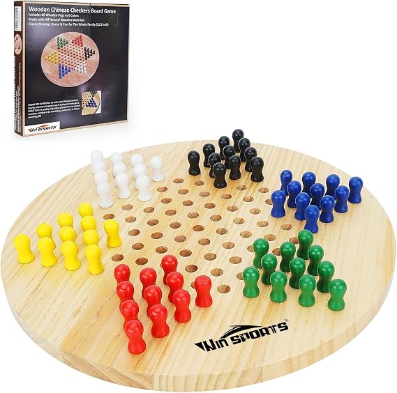 Win SPORTS Chinese Checkers Board - Classic Strategy Game & Fun for The Whole Family, Includes 60 Wooden Pegs in 6 Colors, Made with Natural Wood (11.5 Inch)