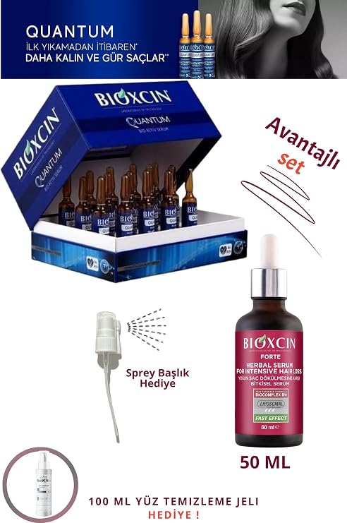 Bioxcin Forte Serum, Yoğun Saç Dökülmesine Karşı Bitkisel Serum, 50 ml + Quantum Bio-Activ 15x6 ml Set + Jel Hediye