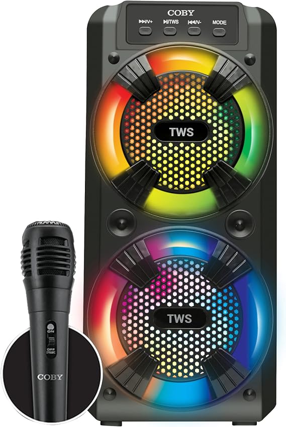 Portable Bluetooth Speaker with Mic, FM Radio, RGB LED Lights, 12-HR Backup