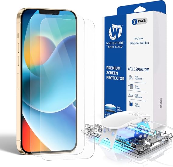 DOME GLASS Whitestone [Perfect Full Coverage] Tempered Glass Screen Protector for iPhone 14 Plus with UV lamp [2Pack]