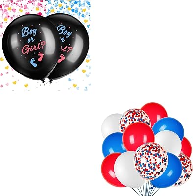 JOYYPOP Bundle of Gender Reveal Balloons, 2 Pack 36 Inch Black Boy or Girl Balloon and 80Pcs Red White and Blue Latex Balloons with Confetti Balloons for 4th of July Decorations