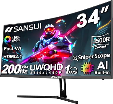 SANSUI 34-Inch Curved Gaming Monitor UWQHD 3440 x 1440P Up to 200Hz 165Hz Curved 1500R - PIP/PBP, OD 1ms, HDR, 300nits, sRGB 130%, DCI-P3 97%,AI Crosshair,HDMI2.1x2,DP1.4Cable Included