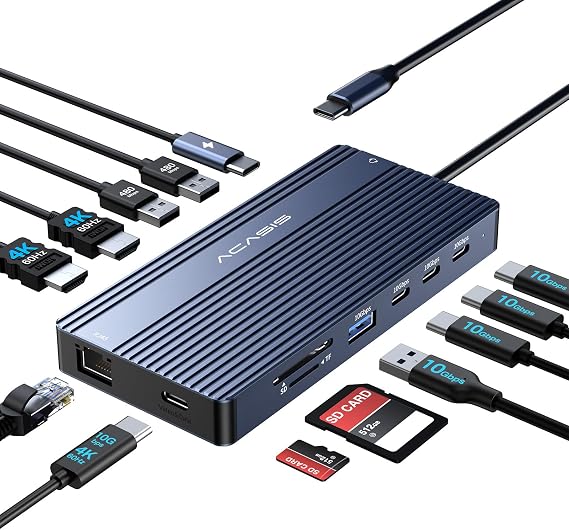 ACASIS Dual Monitor Docking Station, HDMI 4K @ 60 Hz, 14 in 1 Laptop Slot, 10 Gbit/s (USB-C Video + Data, 3 x USB C, USB A) Ethernet, 100 W PD, SD/TF, 3.5 mm Audio, Black