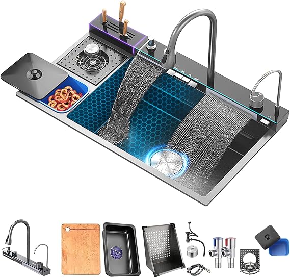 Luxury Kitchen Sink Black Nano Kitchen Sink Stainless Steel Waterfall Sink Single Bowl Workplace Kitchen Sink with Honeycomb Embossing Sink (82 x 48 x 21 cm)