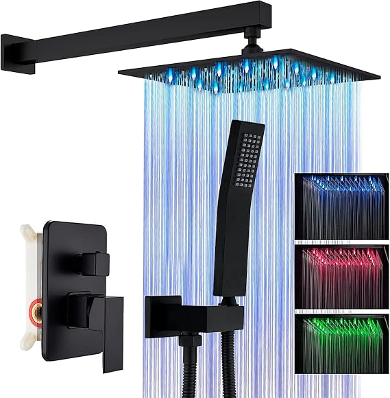 Shower Faucet Set Matte Black Rain Shower System with 12 Inch LED Square Rainfall Shower Head and and Handheld Spray Luxury Bathroom Shower Faucet Sets Complete Combo Set Wall Mounted