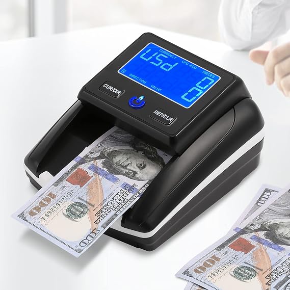 Portable Counterfeit Bill Detector US Dollar & Euro Bill Checker | Visual & Audible Alert Money Detector with Total Value Display & IR/UV/MG/IA/thickness/size Sensor