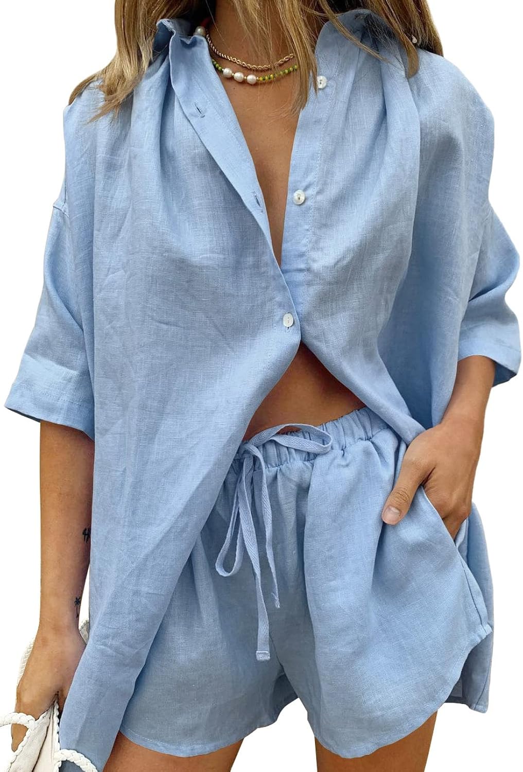 HUUSA Womens 2 Piece Tracksuit Outfits Casual Button Down Half Sleeve Shirts and Shorts Set Summer Sweatsuits Loungewear Set