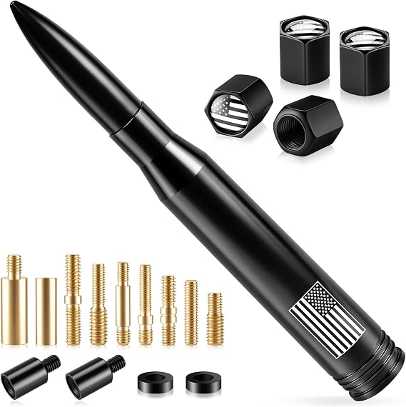 BJSIA American Flag Car Antenna for Truck with Valve Stem Caps - Universal Compatible with Ford, Dodge, Chevrolet, GMC, Jeep, Toyota Truck Car Accessories, Heavy Duty Pickup Trucks Accessories - Black