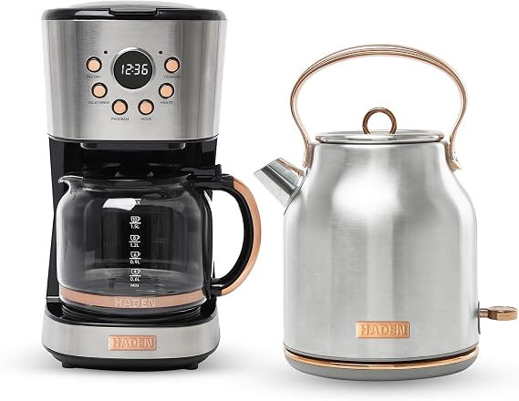 HADEN Heritage 1.7 Liter Stainless Steel Electric Kettle Bundled with 12 Cup Drip Coffee Maker, Coffee Machine with Auto Shut-Off, Steel & Copper