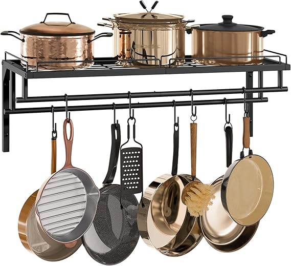CHOEZON Hanging Pot Rack, Wall-Mounted Pot Rack, Kitchen Cookware Organizer, Metal Pot and pan Organizer Holder, for Cookware, Utensils Organization, Black TPR38BB