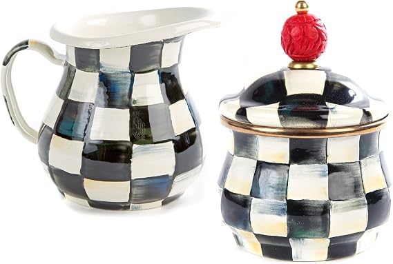 MACKENZIE-CHILDS Creamer and Sugar-Bowl Set, Black-and-White Courtly Check | Hand-painted design, made from enameled steel, cream dispenser (14-ounce capacity), sugar bowl (10-ounce capacity), set of 2