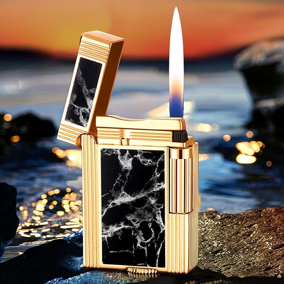 Classic Brushed Gas Lighters, Zinc Alloy Refilled Butane Lighter, Side Wheel Frosted Lighter, Adjustable Flame Flip Lighters, for Outdoor, Camping, Men's Gifts (Black+Gold)