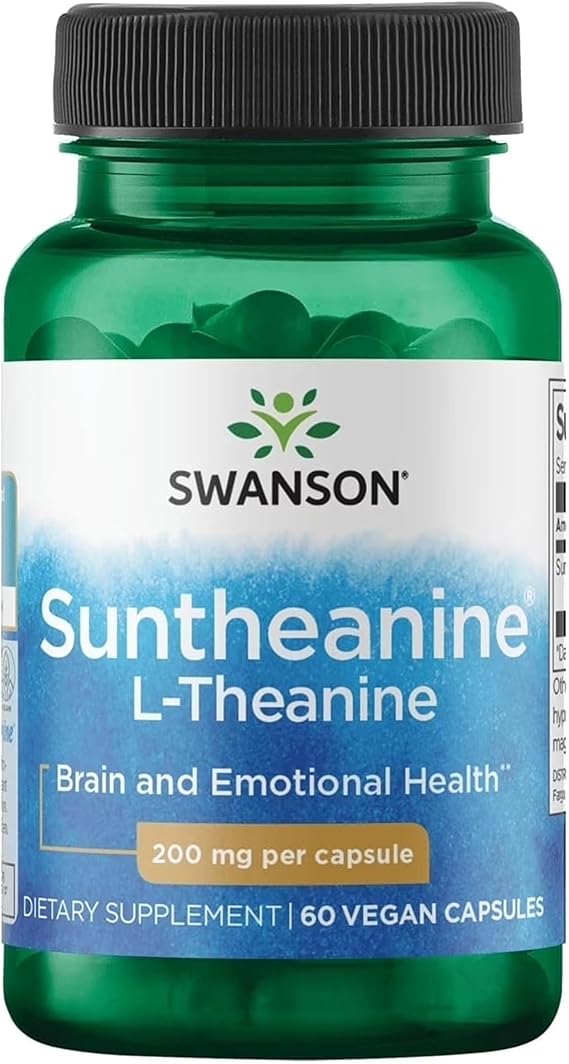 Swanson Double Potency Suntheanine L-Theanine 200 mg, 60 Veggie Capsules | Calm and Focus Supplement for Stress-Prone Professionals Seeking Balanced Wellbeing, Patented Suntheanine Formula