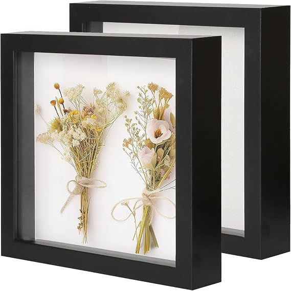 QDSSDECO 12"*12" Shadow Boxes Display Cases with Soft Linen Back Deep Wood Glass 3D Shadow Box Set for Wall and Tabletop, 2 Pack Black