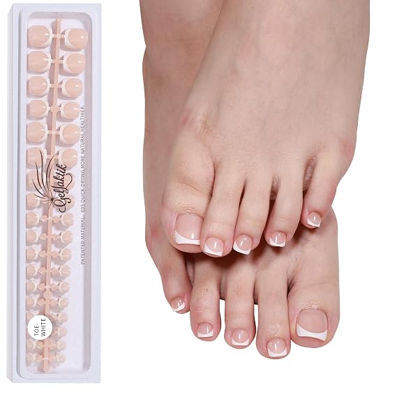 French Tip Press on Toenails 144PCS with 4 Strips, 18 Sizes White Fake Nails - No Need to File, Pre-applied Primer, Short Square Toe Nails Kit for Women Pedicure & Gift