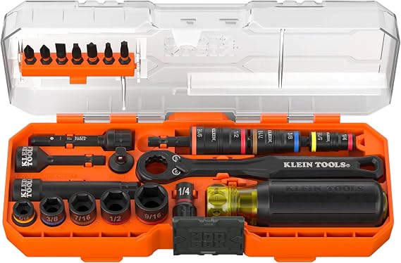 Klein Tools 65301KNECT Impact Socket Set, KNECT (S) 23-Piece SAE Pass-Through and Flip Socket Tool Set, Impact Driver Adapter, MODbox Tool Organization