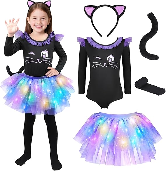 GIFTINBOX Black Halloween Cat Costume for Girls, Light Up Outfit Kids 3-8 | Black Cat Costume Set: Soft Bodysuit, Light Up Tutu, Tights, Cat Ears and Tail; Halloween Outfit for Girls Dress Up