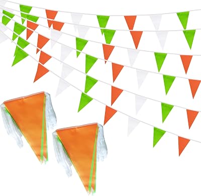 100 Feet Green Orange & White Pennant Banner Flags String Hanging Green Orange & White DIY Triangle Bunting Flags,Party Decorations for Grand Opening,Party Events,60 Pcs