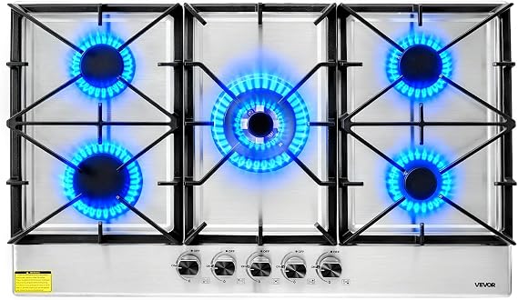 VEVOR 36 inch Gas Cooktop 5 Burners Gas Stove Top, Max 38300BTU Built-in Stainless Steel Stove Top LPG/NG Convertible Dual Fuel Cooktop Stoves with SABAF Dual-Ring Burner for Kitchen Apartment Rvs