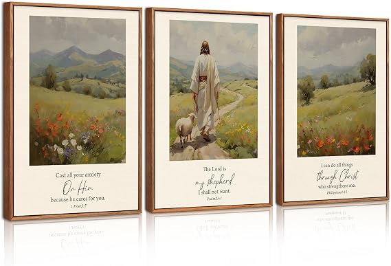 Celestdeco Framed Wall Art with Bible Verses Vintage Jesus and the 99 Sheep Canvas Picture Religious Flowers Wall Pictures with Frame Landscape Motifs for Living Room Bedroom Office 30 x 40 cm