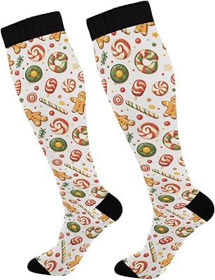 Christmas 70s Christmas Sweets Compression Sock for Women Men Fun Pattern Knee High Socks for Running,Nurse,Sports