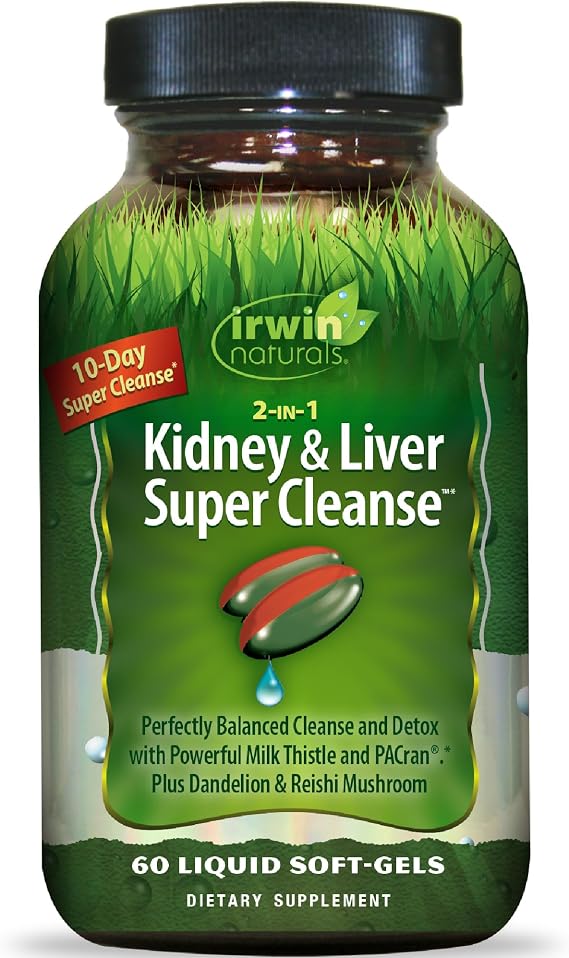 Irwin Naturals 2-in-1 Kidney & Liver Super Cleanse (10-Day) - Balanced Liver Detox & Kidney Cleanse - Milk Thistle Dandelion Root & Reishi Mushroom - Whole-Body Detox Formula - 60 Liquid Soft-Gels