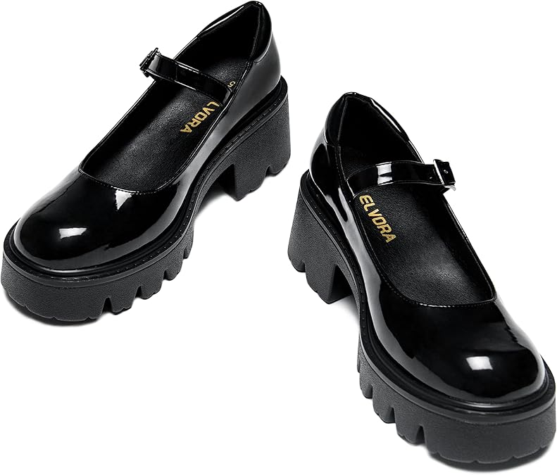 Women's Mary Jane Shoes - Platform Mary Janes for Women, Black Leather Round Toe Chunky Dress Shoes with Adjustable Ankle Strap
