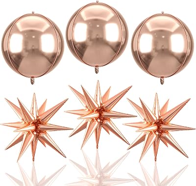 6pcs 22 inch Rose Gold Star Balloons and Rose Gold 4D Large Foil Balloons, Foil Star Balloon 4D Aluminum Balloon For Birthday Baby Shower Party Wedding Anniversary Bridal Shower Engagement Decoration