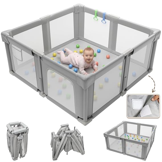 Foldable Playpen for Babies and Toddlers, 51" Portable Play Pen with Mat and Ocean Balls, Play Yard with with Visible Mesh for Inddor and Outdoor, No Assembly Required, Dark Gray