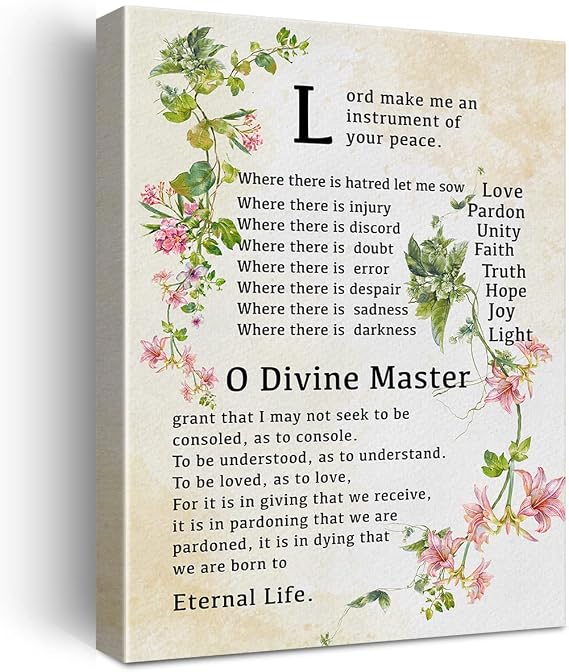 Floral Inspirational Prayer of Saint Francis Quote Print Canvas Wall Art Home Office Decor Lord Make Me an Instrument of Your Peace Painting 12x15 Canvas Poster Framed Ready to Hang Christian Gift