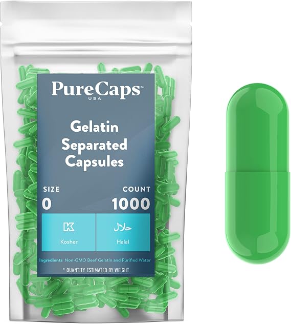 Purecaps USA - Empty Gelatin Pill Capsules Size 0| 1,000 Separated Pills| Green| Non-GMO Certified| SLS, Gluten, Preservative Free
