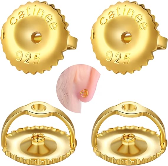 2Pairs Screw On Earring Backs Replacements,14K Gold Plated 925 Silver Secure Locking Hypoallergenic Screw Earring Backs for Studs,Screw Backs Fit forThreaded Post 0.032"(Gold)