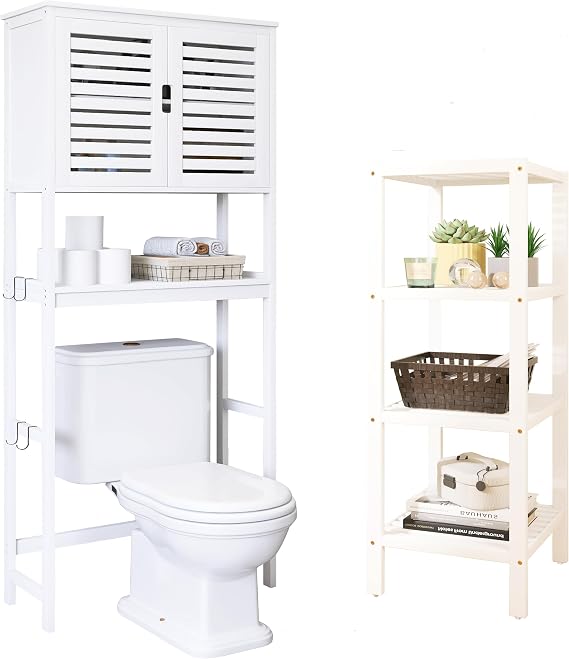SMIBUY Bathroom Over The Toilet Storage Cabinet and Bathroom Storage Shelf, 2 Door Bamboo Cabinet Organizer and 4-Tier Bamboo Rack Organizer (White)