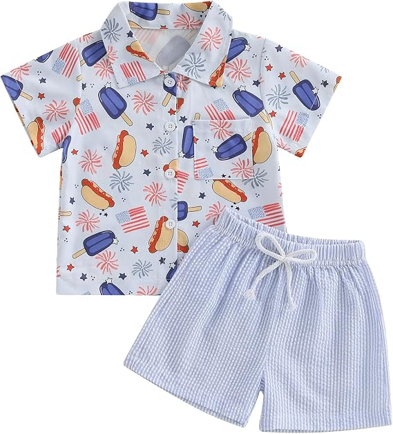Rtnnsbbfcm 4th of July Toddler Boy Outfit American Flag and Dog Red Blue Shirt and Plaid Shorts Sets Patriotic Baby Clothes