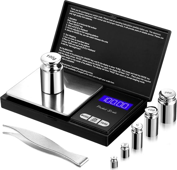 Digital Pocket Scale Set,100 g 0.01 g Mini Scale Electronic Grams Scale with 1 g, 2 g, 5 g, 10 g, 20 g, 100 g Calibration Weight and Calibration Weight Tweezer for Food Jewelry, Totally 8 Pieces