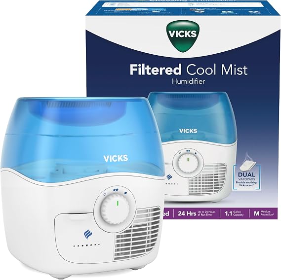 Vicks Filtered Cool Mist Humidifier, Medium Room, 1.1 Gal. Tank, Blue/White